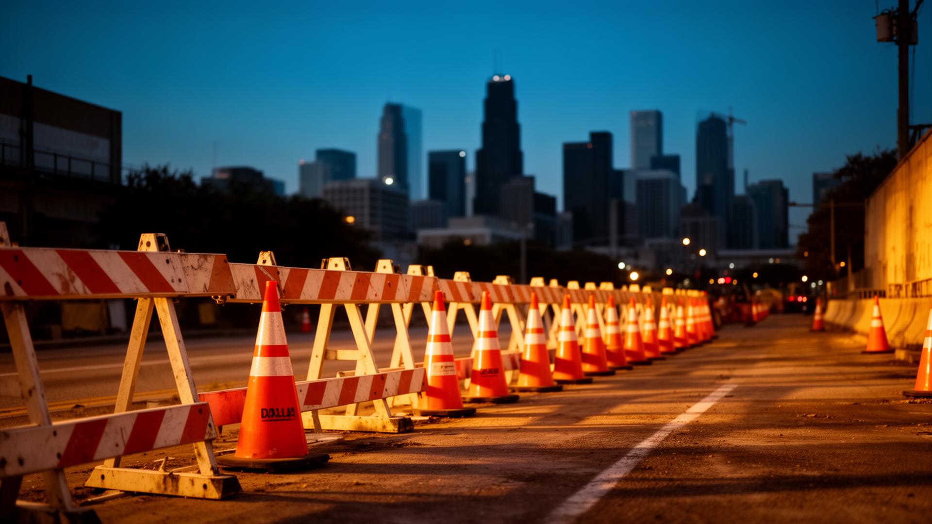Construction barricades and traffic cones lined up on a city street at dusk